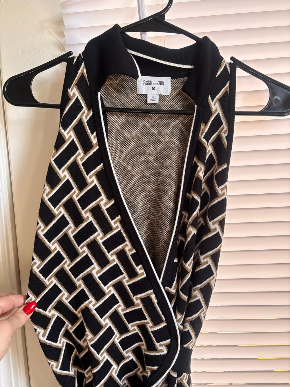 Diane Von Furstenberg Black and Cream Knit Collared Maxi Wrap Dress